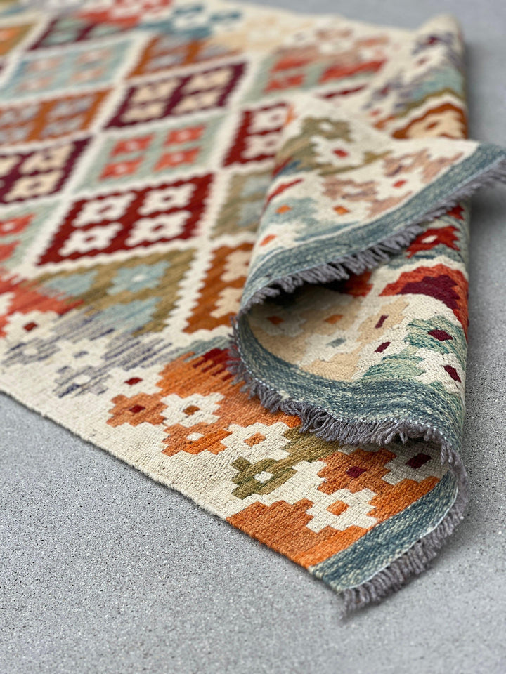 3x7 Handmade Afghan Kilim Runner Rug | Cream Beige Crimson Red Olive Green Light Blue Rust Burnt Orange Brown Flatweave Persian Wool Outdoor