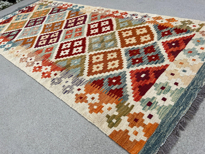 3x7 Handmade Afghan Kilim Runner Rug | Cream Beige Crimson Red Olive Green Light Blue Rust Burnt Orange Brown Flatweave Persian Wool Outdoor