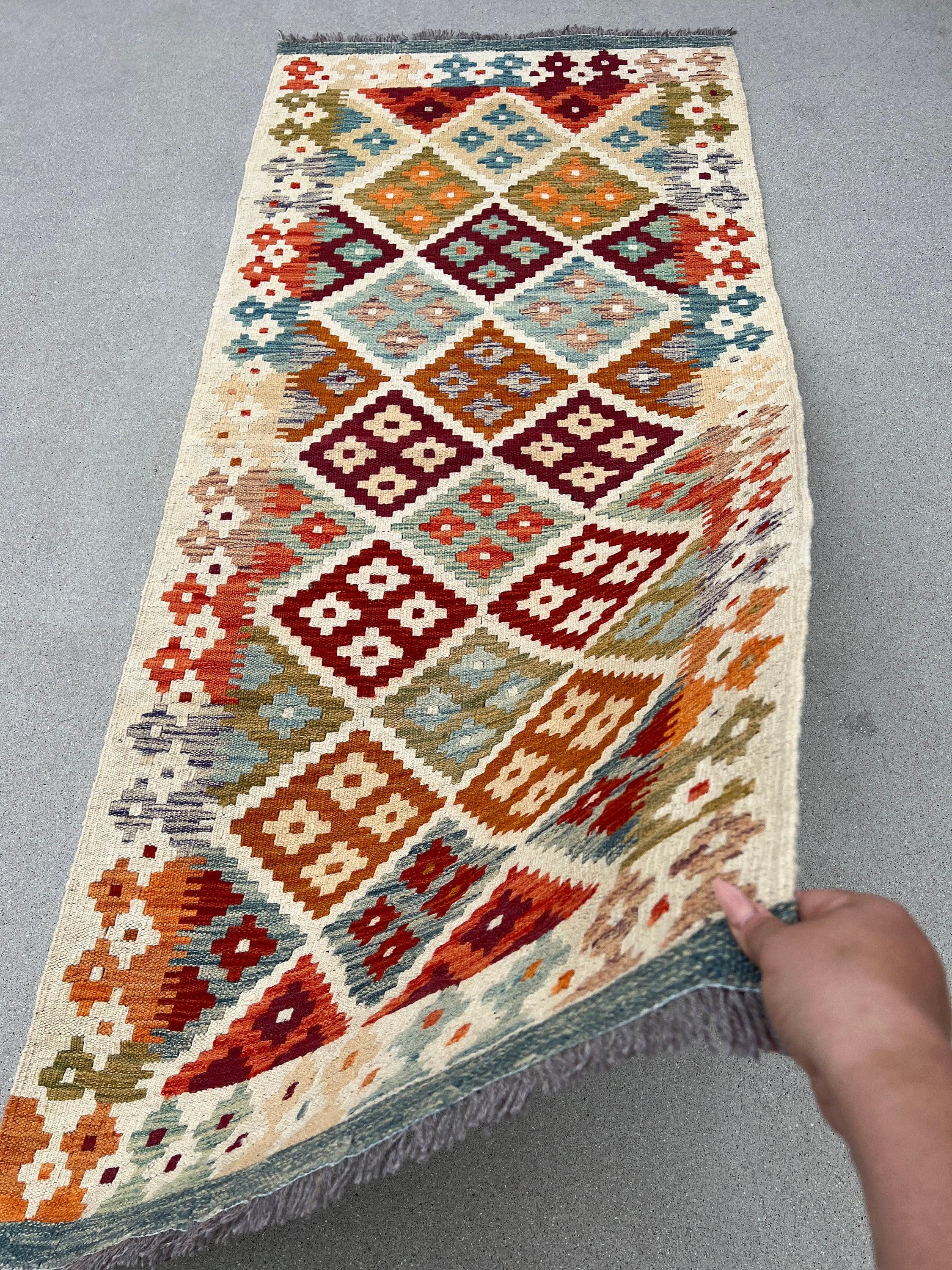 3x7 Handmade Afghan Kilim Runner Rug | Cream Beige Crimson Red Olive Green Light Blue Rust Burnt Orange Brown Flatweave Persian Wool Outdoor