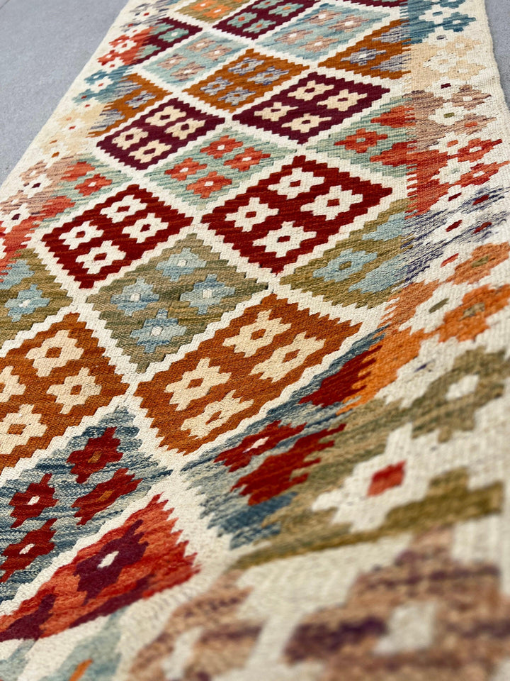 3x7 Handmade Afghan Kilim Runner Rug | Cream Beige Crimson Red Olive Green Light Blue Rust Burnt Orange Brown Flatweave Persian Wool Outdoor