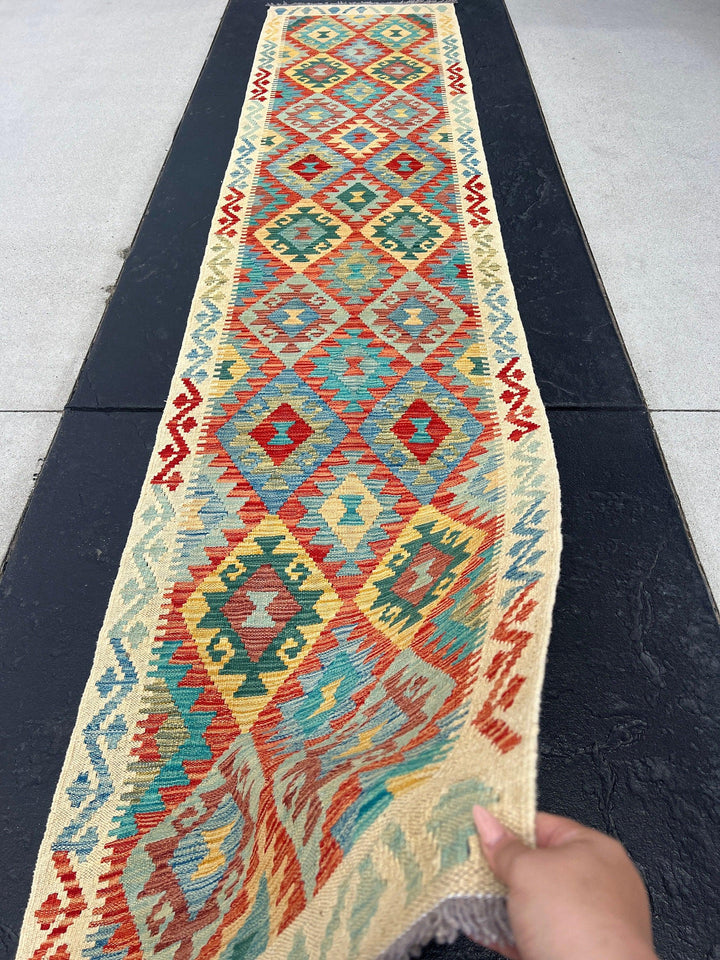 3x13 Handmade Afghan Kilim Runner Rug | Cream Beige Burnt Orange Teal Turquoise Golden Yellow Denim Blue Pine Green Brown Flatweave Outdoor