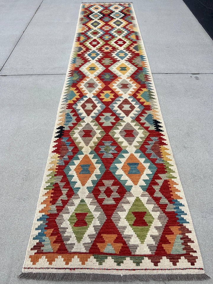 3x13 Handmade Afghan Kilim Runner Rug | Ivory Cream Burnt Sienna Red Teal Rust Orange Olive Green Brown Grey | Flatweave Wool Outdoor