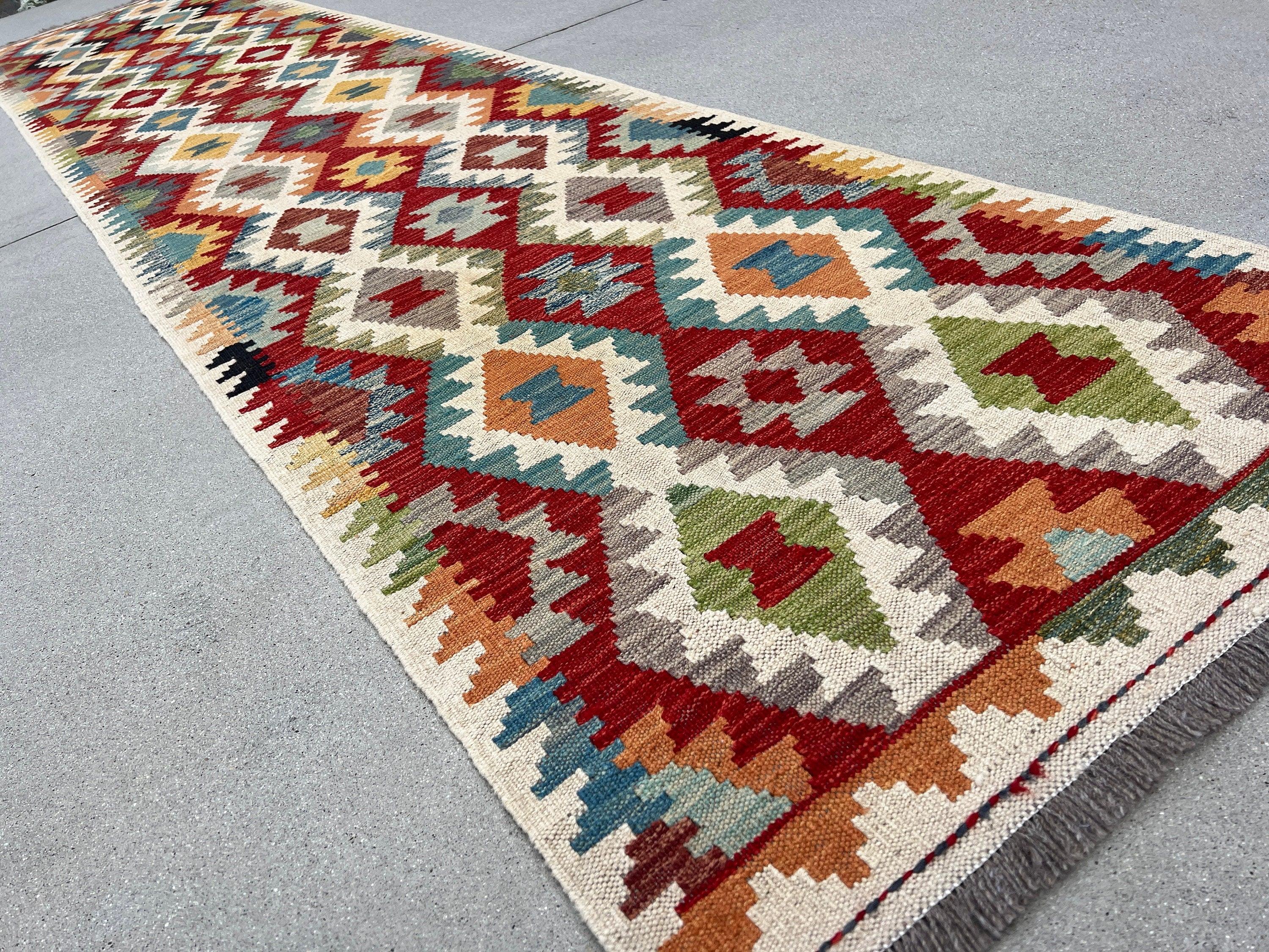 3x13 Handmade Afghan Kilim Runner Rug | Ivory Cream Burnt Sienna Red Teal Rust Orange Olive Green Brown Grey | Flatweave Wool Outdoor