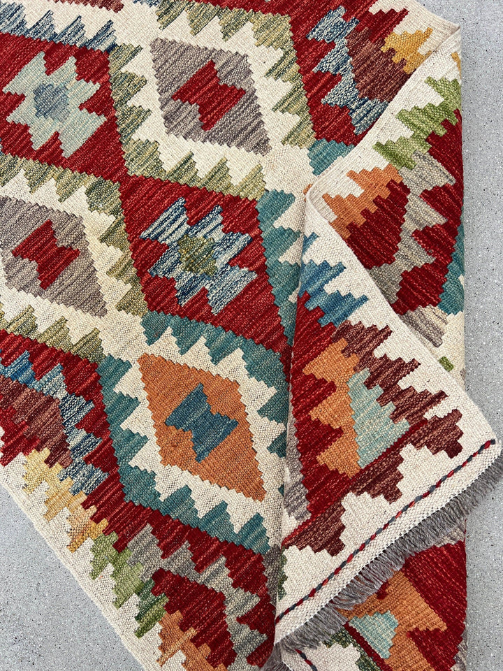 3x13 Handmade Afghan Kilim Runner Rug | Ivory Cream Burnt Sienna Red Teal Rust Orange Olive Green Brown Grey | Flatweave Wool Outdoor