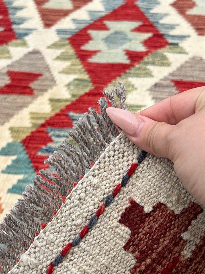 3x13 Handmade Afghan Kilim Runner Rug | Ivory Cream Burnt Sienna Red Teal Rust Orange Olive Green Brown Grey | Flatweave Wool Outdoor