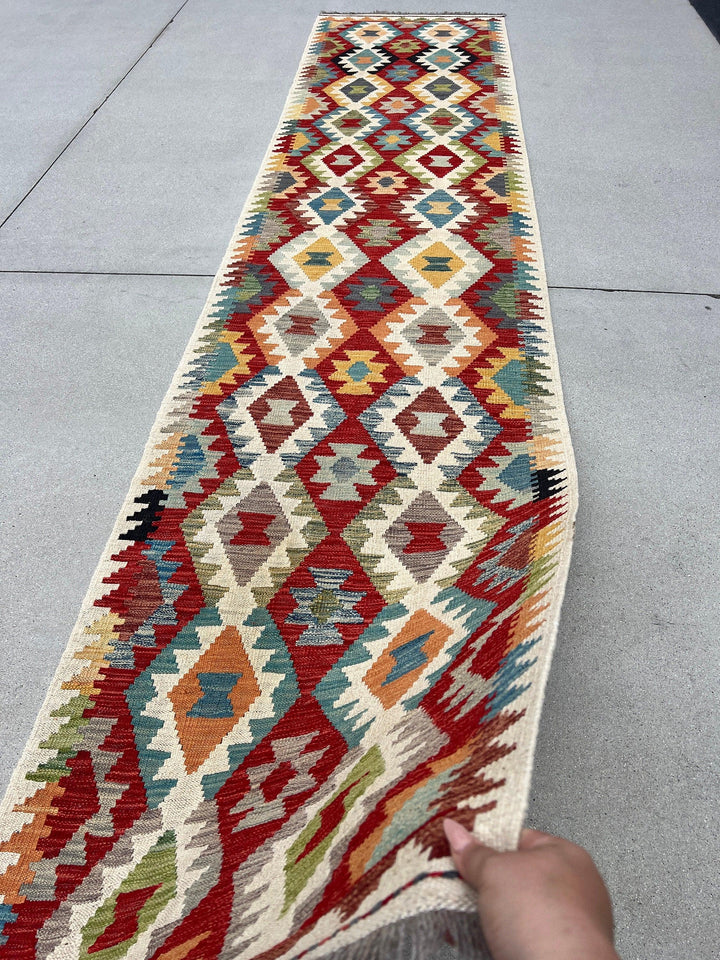 3x13 Handmade Afghan Kilim Runner Rug | Ivory Cream Burnt Sienna Red Teal Rust Orange Olive Green Brown Grey | Flatweave Wool Outdoor