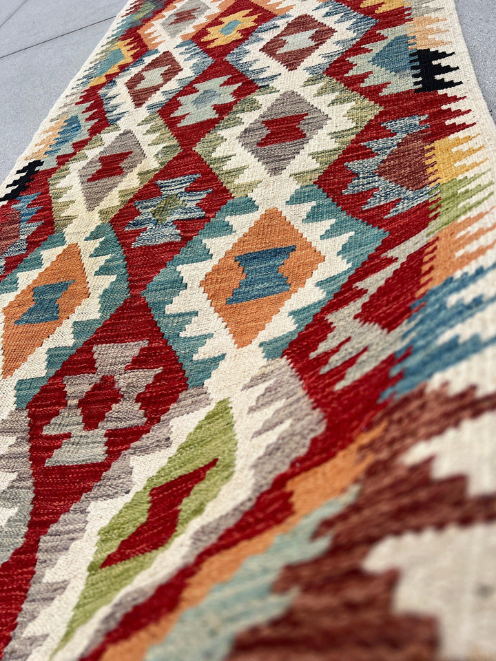 3x13 Handmade Afghan Kilim Runner Rug | Ivory Cream Burnt Sienna Red Teal Rust Orange Olive Green Brown Grey | Flatweave Wool Outdoor