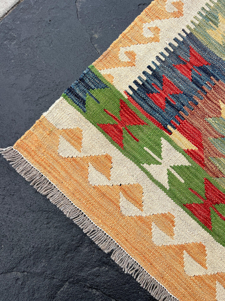 3x13 Handmade Afghan Kilim Runner Rug | Cream Beige Peach Orange Olive Green Navy Blue Brick Red | Flatweave  Flat Woven Boho Outdoor