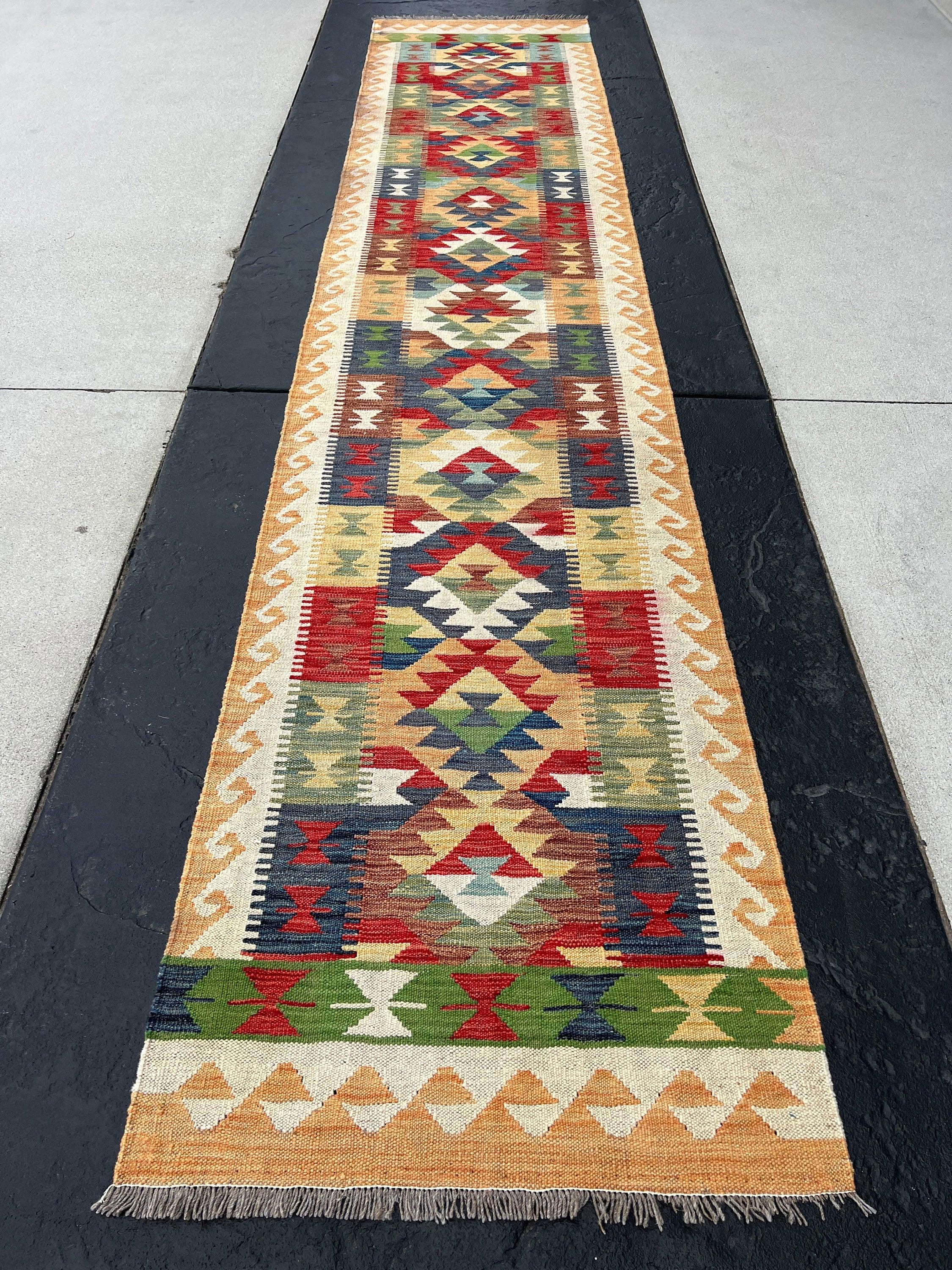 3x13 Handmade Afghan Kilim Runner Rug | Cream Beige Peach Orange Olive Green Navy Blue Brick Red | Flatweave  Flat Woven Boho Outdoor