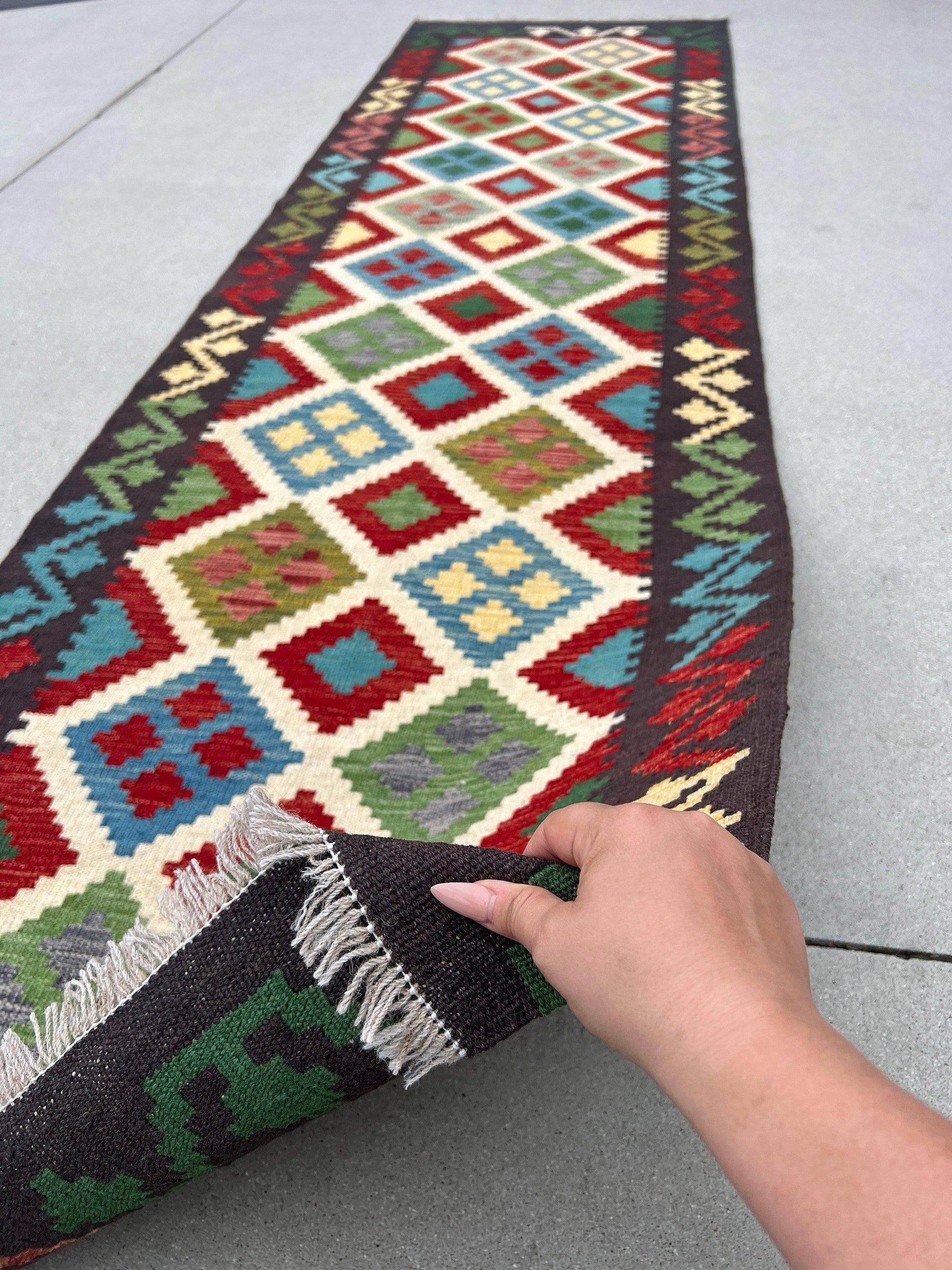 3x10 Handmade Afghan Kilim Runner Rug | Black Cream Crimson Red Olive Pine Green Yellow Blue Flatweave Wool Flat Woven Persian Boho Outdoor