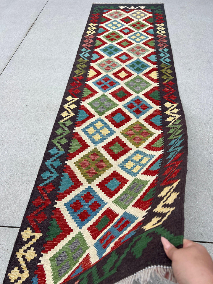 3x10 Handmade Afghan Kilim Runner Rug | Black Cream Crimson Red Olive Pine Green Yellow Blue Flatweave Wool Flat Woven Persian Boho Outdoor