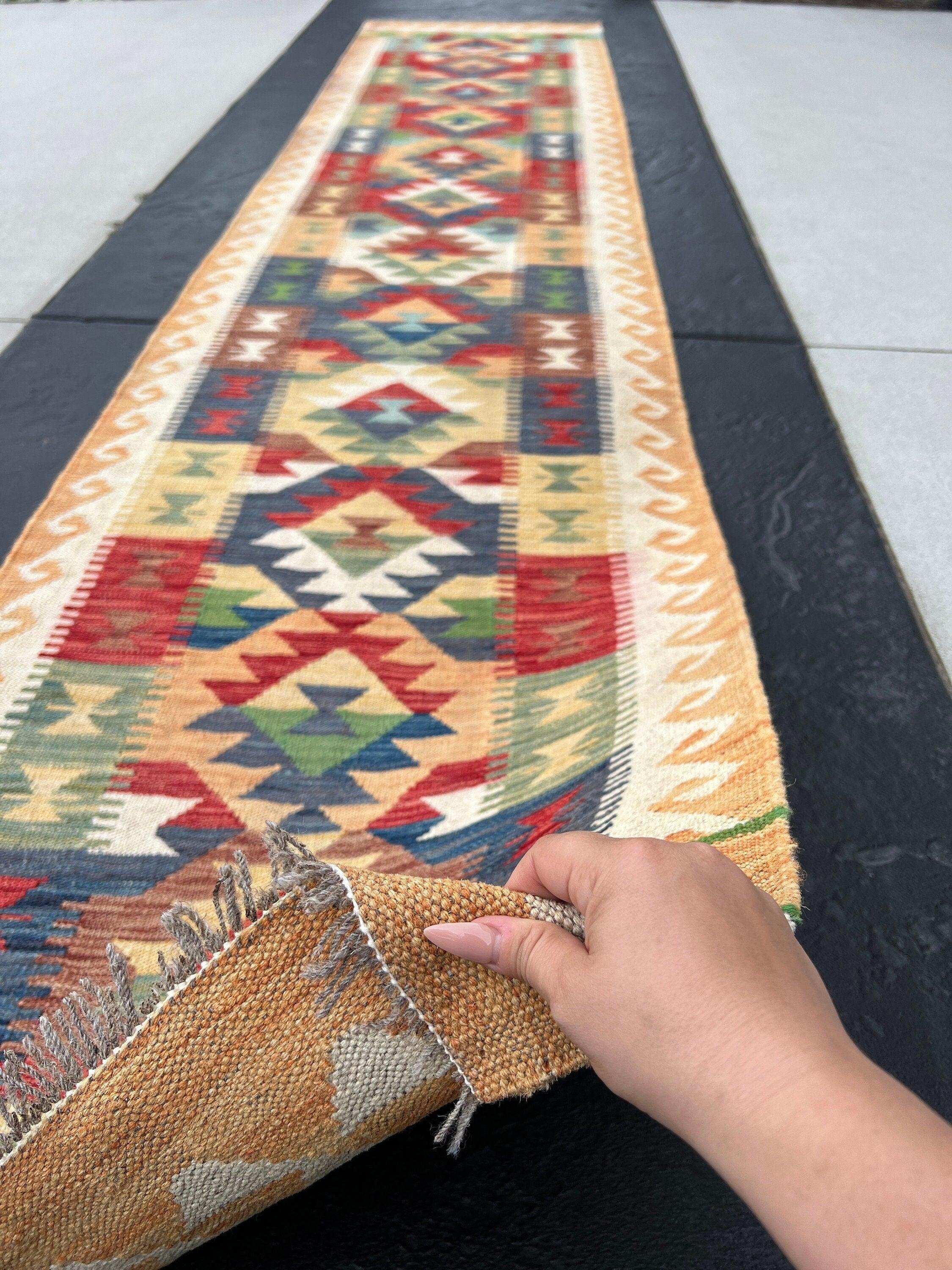 3x13 Handmade Afghan Kilim Runner Rug | Cream Beige Peach Orange Olive Green Navy Blue Brick Red | Flatweave  Flat Woven Boho Outdoor