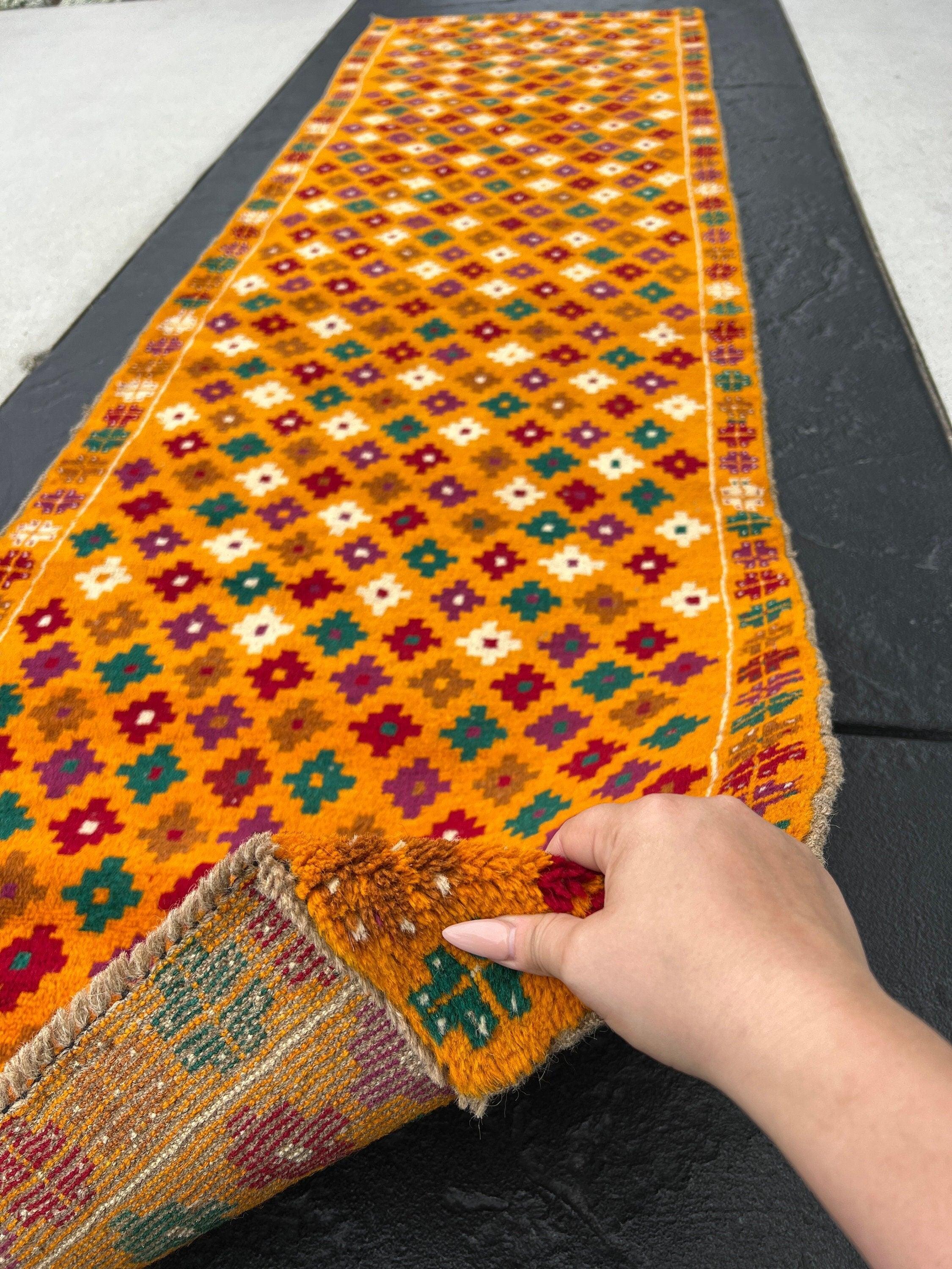 3x10 Handmade Vintage Baluch Afghan Runner Rug | Burnt Orange Purple Pine Green Cherry Red Beige Taupe | Tribal Oriental Boho Geometric Wool