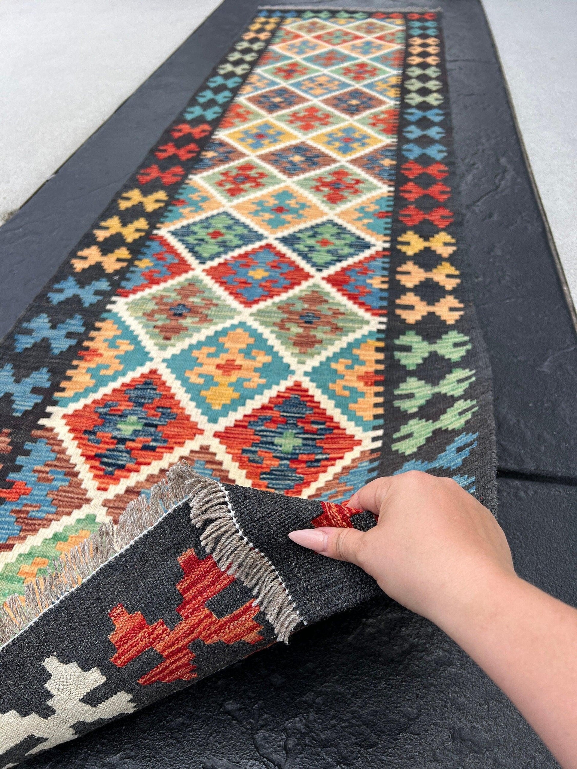 3x10 Handmade Afghan Kilim Runner Rug | Charcoal Black Denim Blue Green Cream Blood Orange | Flatweave Flat Woven Persian Outdoor Oushak