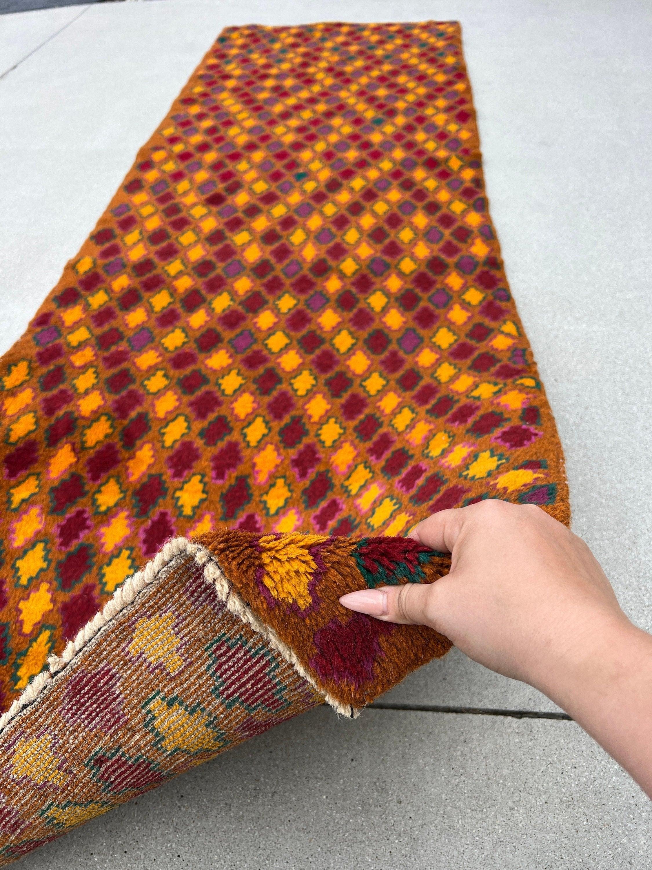 3x9 Handmade Vintage Baluch Afghan Runner Rug | Rust Orange Mustard Yellow Purple Pine Green Crimson Red Pink Tribal Oriental Boho Geometric