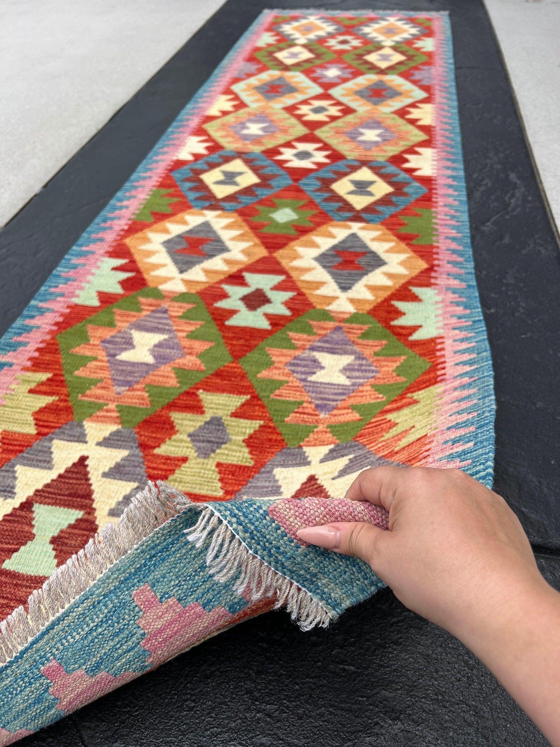 3x10 Handmade Afghan Kilim Runner Rug | Denim Blue Blood Orange Beige Cream Pink Olive Green Red Purple | Flatweave Flat Woven Boho Outdoor