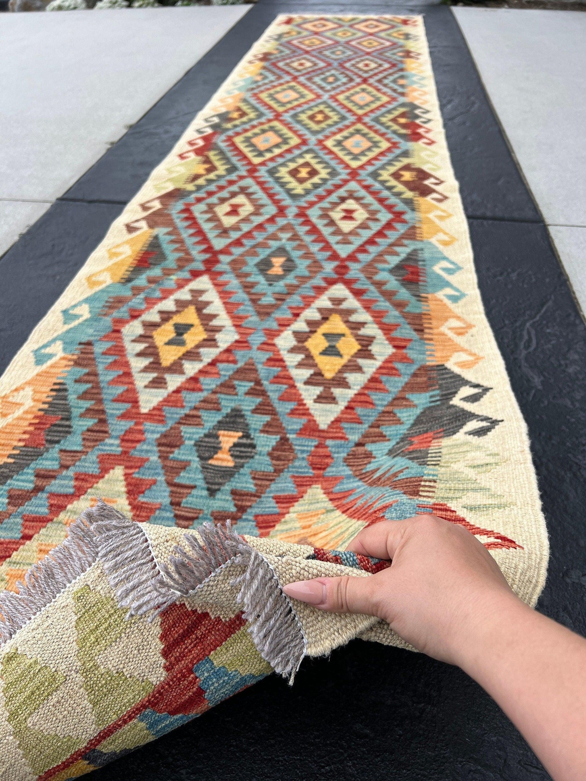 3x14 Handmade Afghan Kilim Runner Rug | Beige Teal Chocolate Brown Cherry Red Olive Green Orange Charcoal Grey Black Flatweave Wool Outdoor