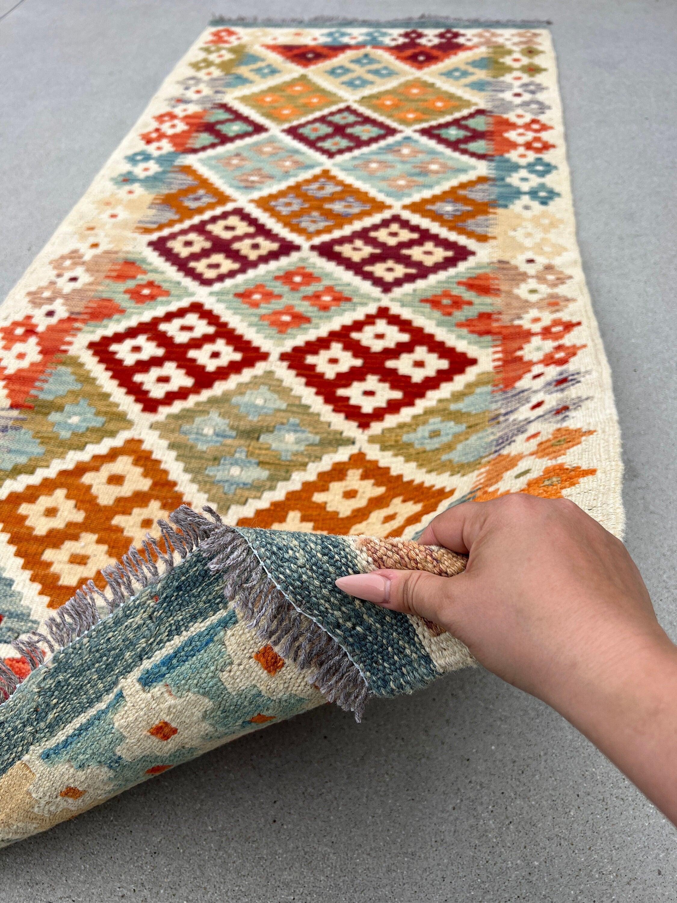 3x7 Handmade Afghan Kilim Runner Rug | Cream Beige Crimson Red Olive Green Light Blue Rust Burnt Orange Brown Flatweave Persian Wool Outdoor