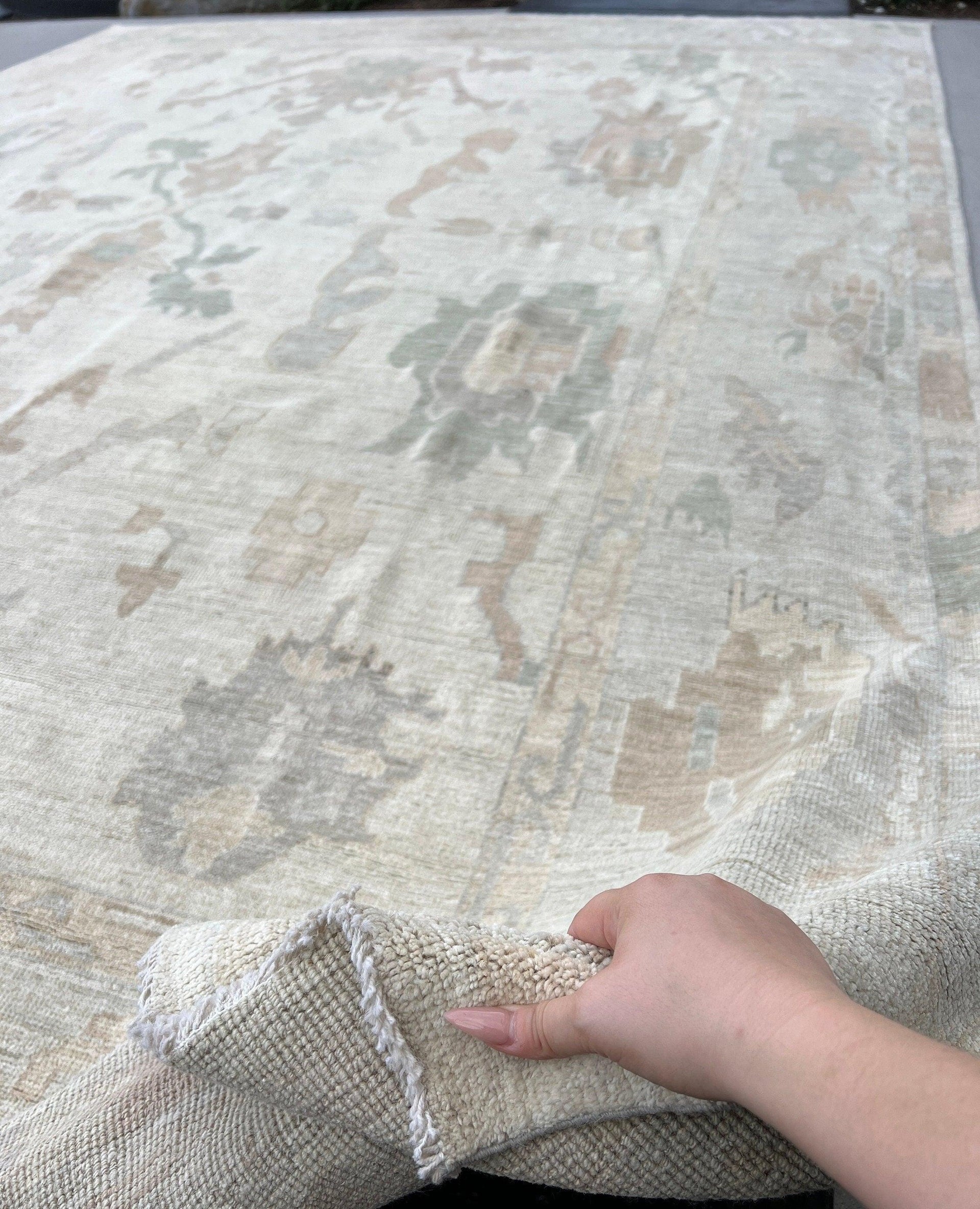 8x11 Handmade Afghan Rug | Light Warm Grey Cream Ivory Charcoal Mauve Brown Sage Green Coral | Turkish Oushak Knotted Wool Persian Area Rug