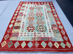 5x9 Handmade Afghan Kilim Rug | Red Teal Turquoise Blue Green Cream Beige | Flatweave Flat Woven Boho Bohemian Persian Oushak Wool Turkish