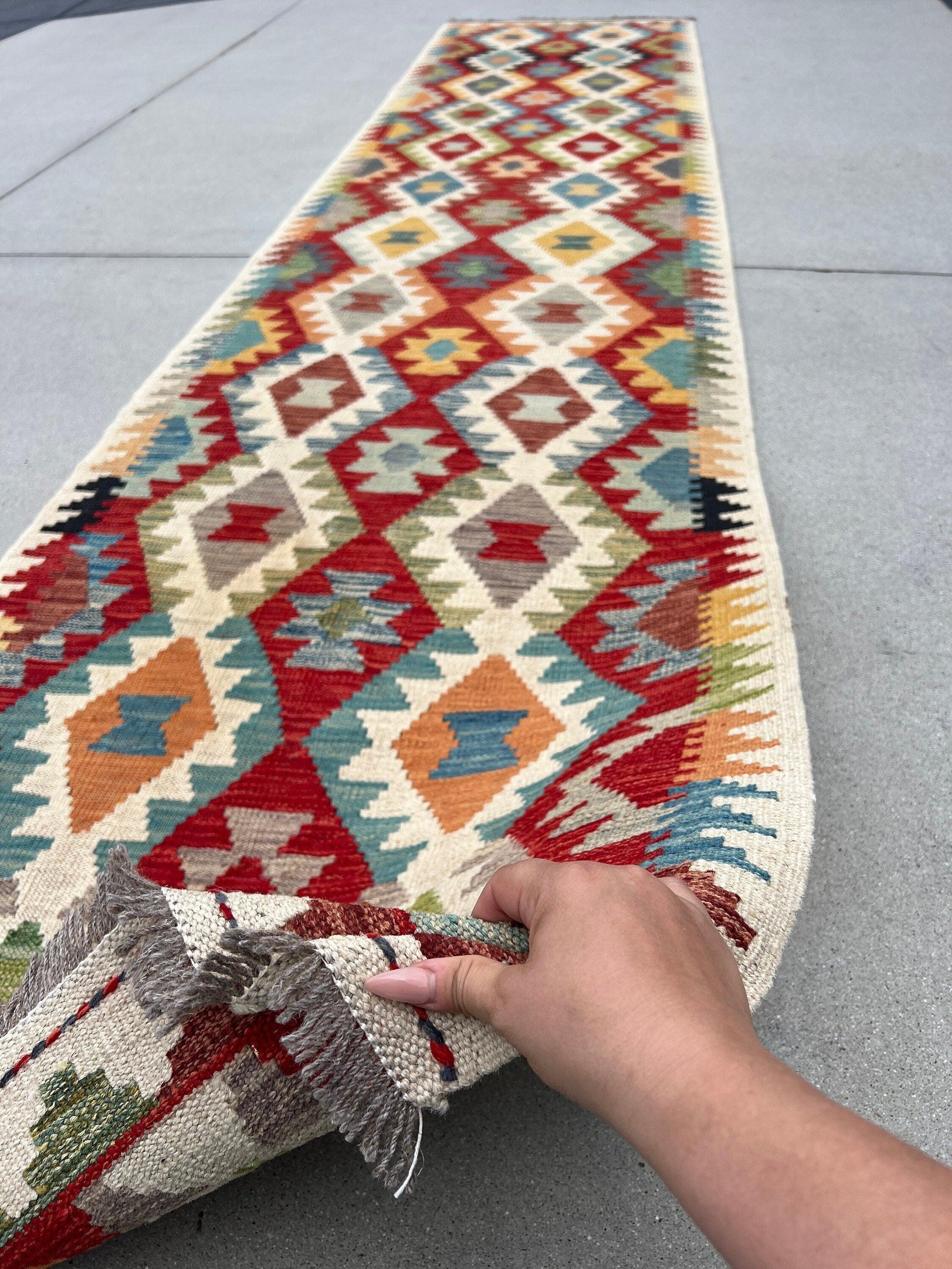 3x13 Handmade Afghan Kilim Runner Rug | Ivory Cream Burnt Sienna Red Teal Rust Orange Olive Green Brown Grey | Flatweave Wool Outdoor