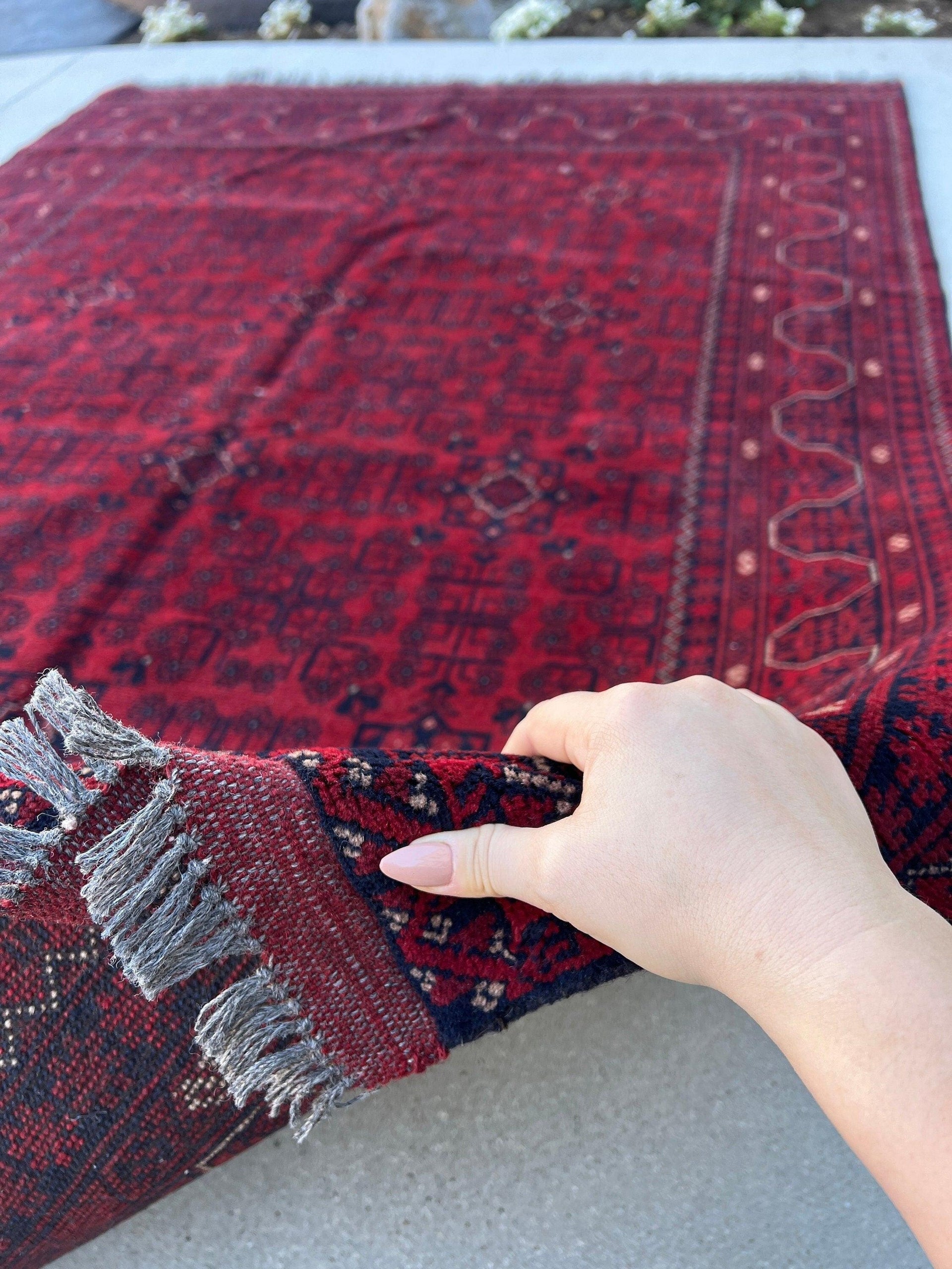 6x8 (180x245) Handmade Afghan Rug | Blood Crimson Red Indigo Charcoal Grey Ivory | Hand Knotted Floral Persian Turkish Wool