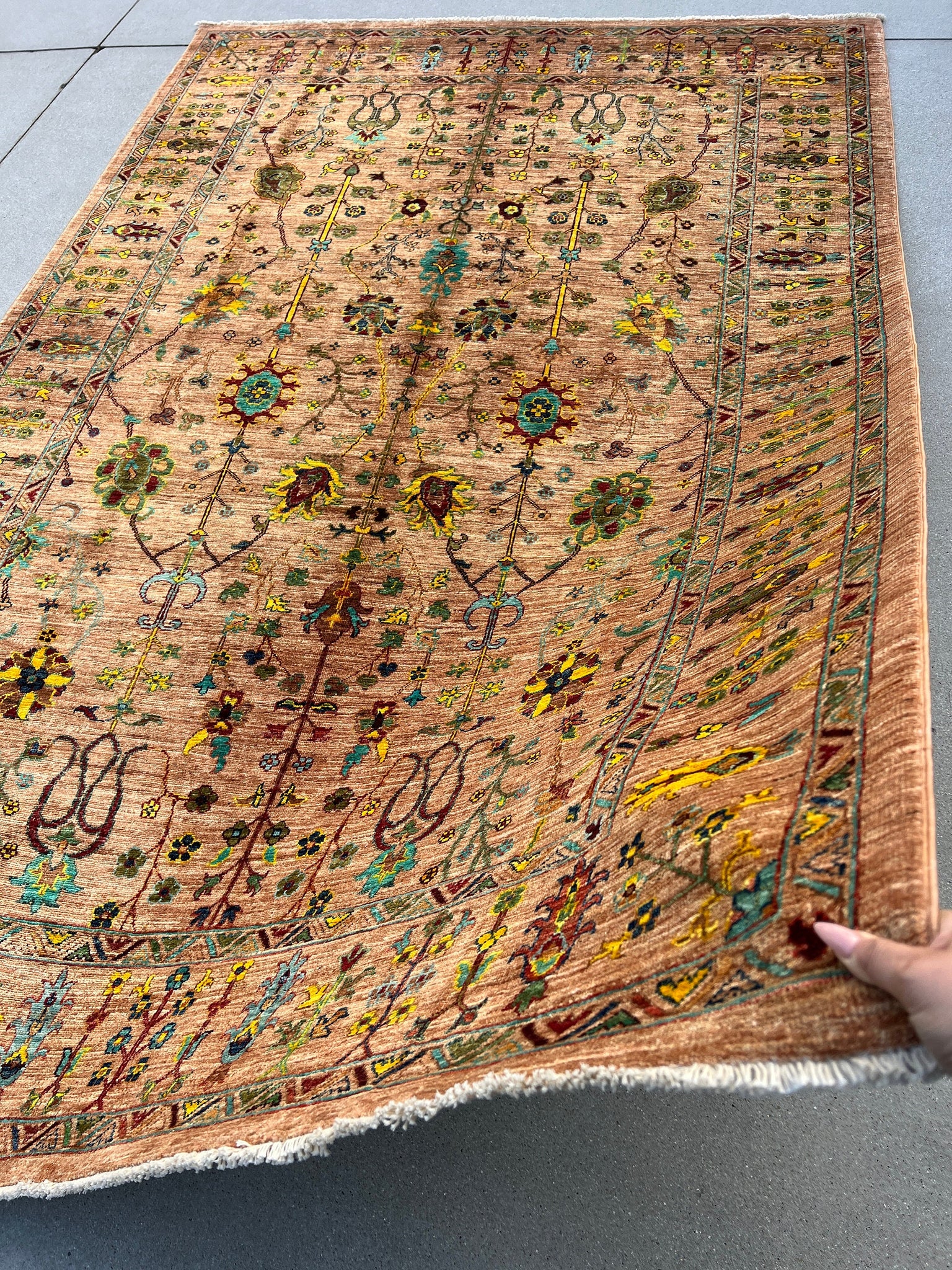 6x9 Handmade Afghan Rug Peach Coral Salmon Pink Yellow Gold Turquoise Teal Wine Red Sage Forest Lime Green Aqua Blue | Hand Knotted Persian