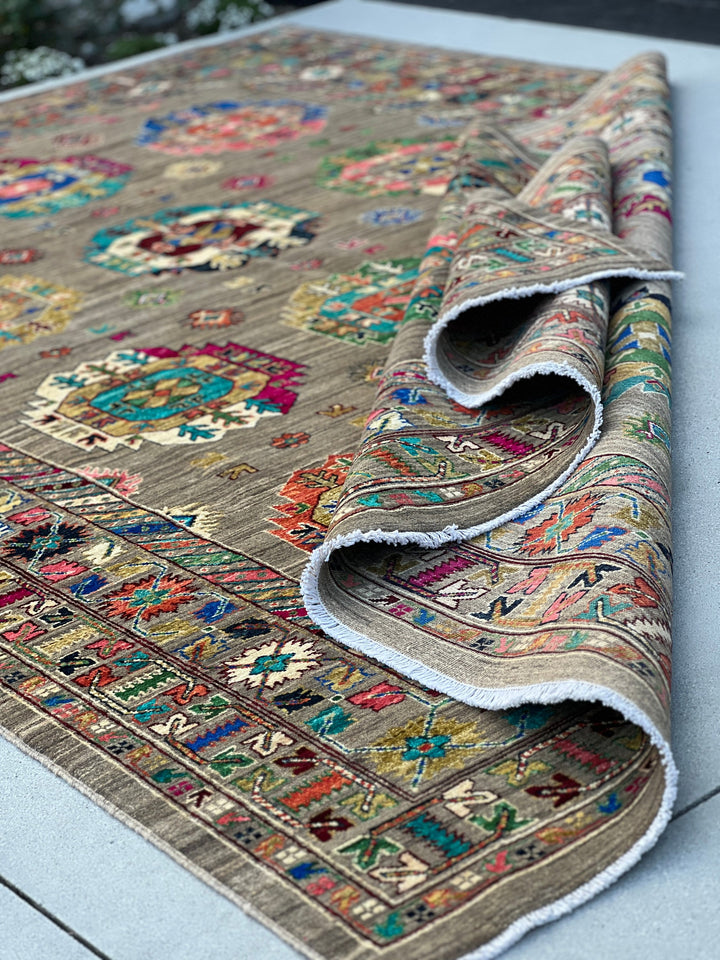 7x10 (213x305) Handmade Afghan Rug | Tan Beige Mocha Chocolate Brown Royal Blue Orange Pink Forest Green Turquoise Maroon Black Ivory Cream