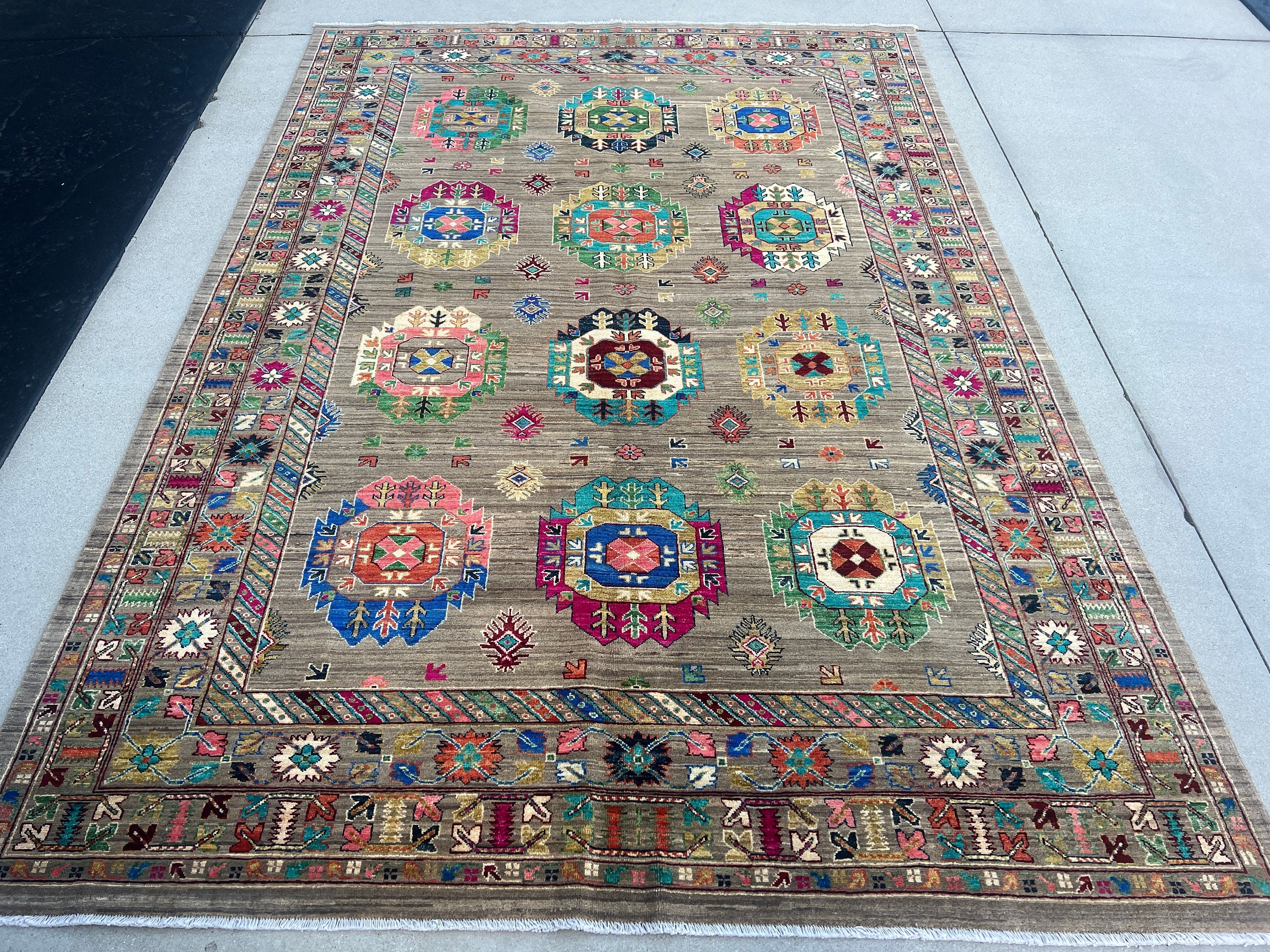 7x10 (213x305) Handmade Afghan Rug | Tan Beige Mocha Chocolate Brown Royal Blue Orange Pink Forest Green Turquoise Maroon Black Ivory Cream