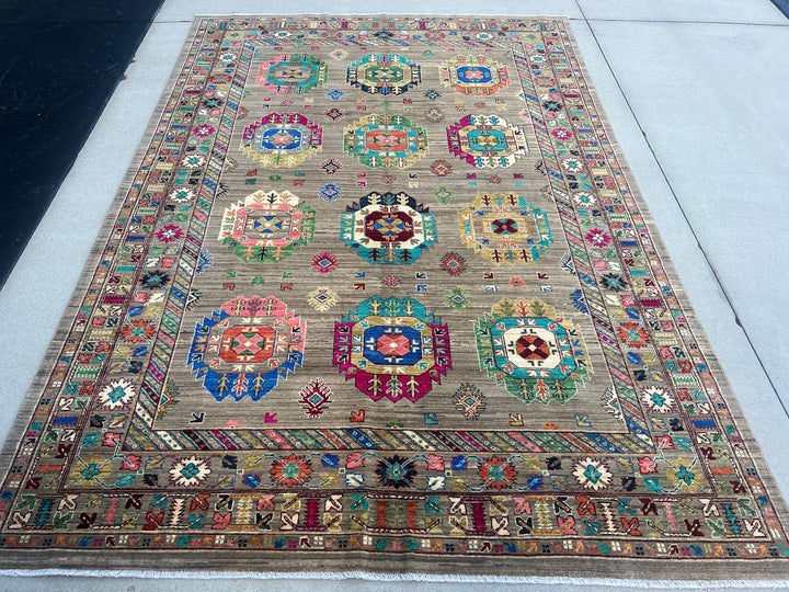 7x10 (213x305) Handmade Afghan Rug | Tan Beige Mocha Chocolate Brown Royal Blue Orange Pink Forest Green Turquoise Maroon Black Ivory Cream
