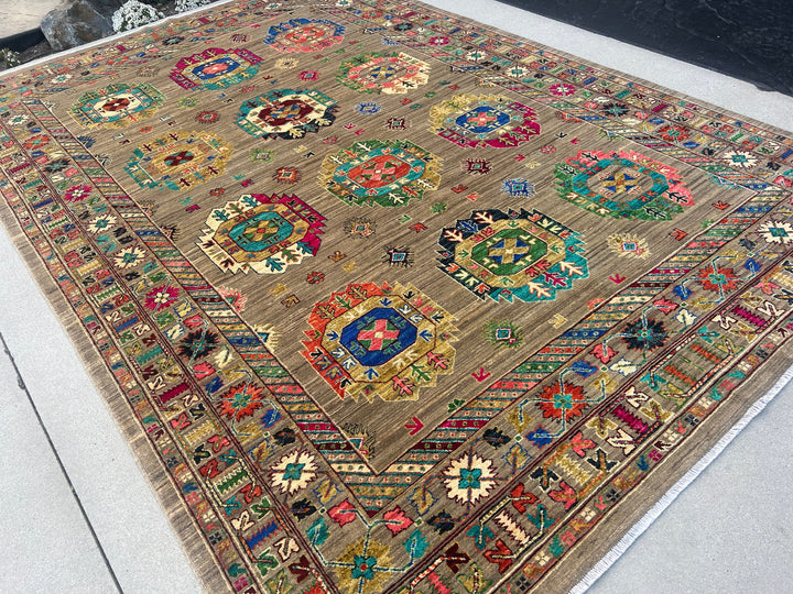 7x10 (213x305) Handmade Afghan Rug | Tan Beige Mocha Chocolate Brown Royal Blue Orange Pink Forest Green Turquoise Maroon Black Ivory Cream