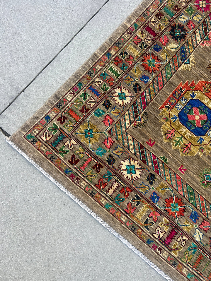 7x10 (213x305) Handmade Afghan Rug | Tan Beige Mocha Chocolate Brown Royal Blue Orange Pink Forest Green Turquoise Maroon Black Ivory Cream