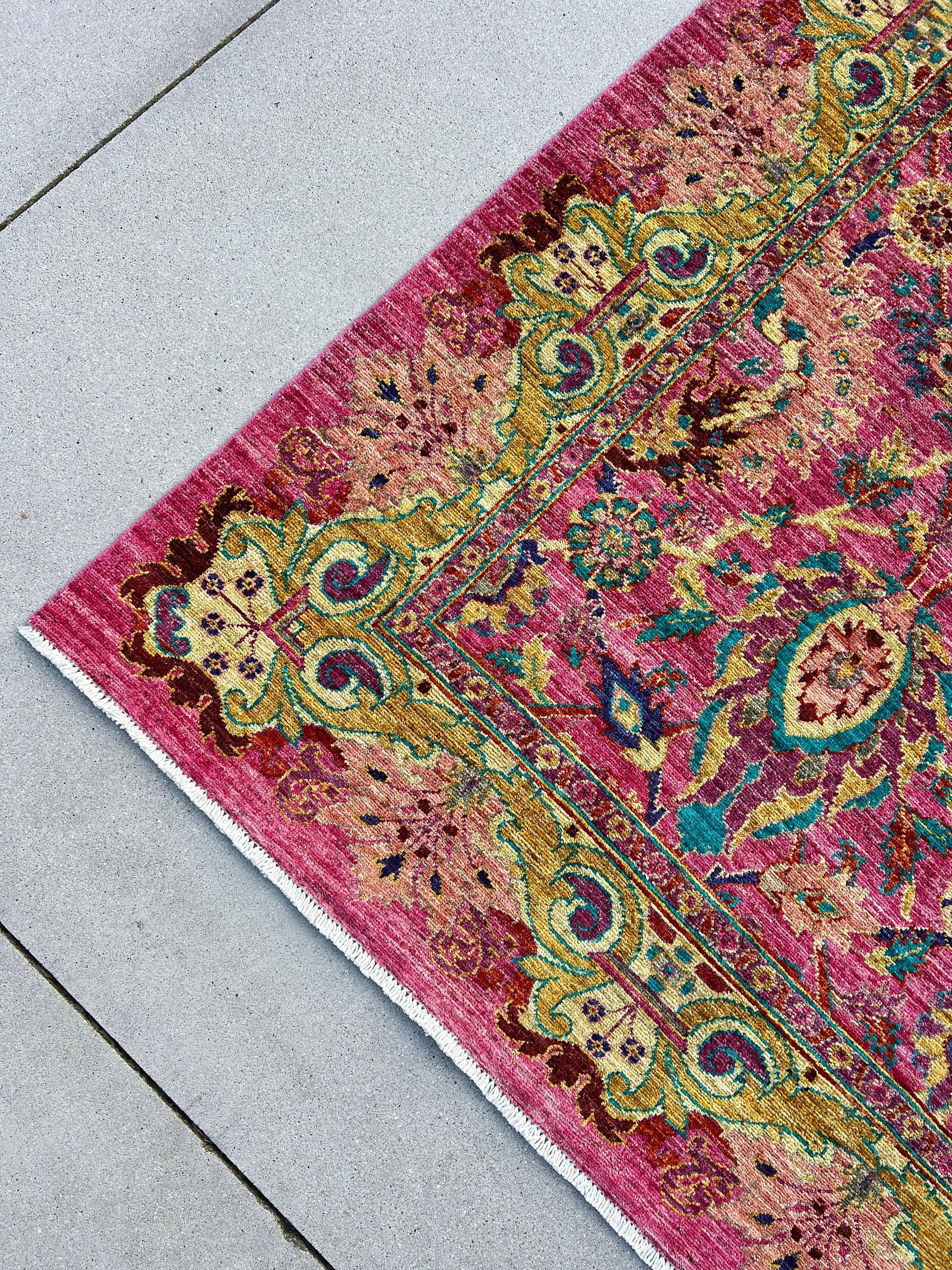 6x9 (183x274) Handmade Afghan Rug | Fuchsia Magenta Salmon Pink Gold Mustard Cornsilk Yellow Purple Maroon Red Orange Teal | Wool Mamluk