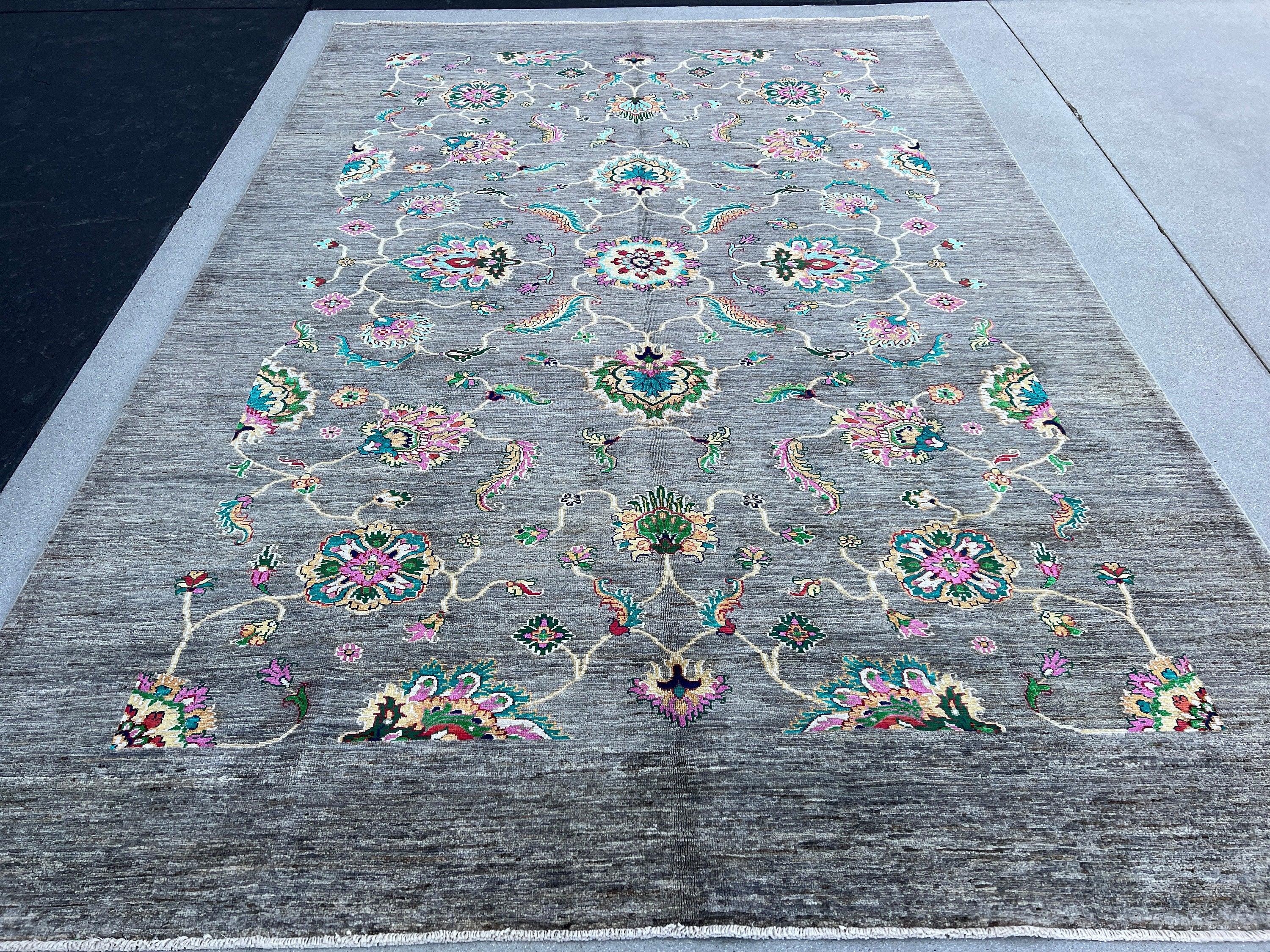 7x10 (213x305) Handmade Afghan Rug | Grey Fuchsia Baby Pink Turquoise Teal Cornsilk Golden Yellow Forest Green Blood Red | Wool Hand Knotted