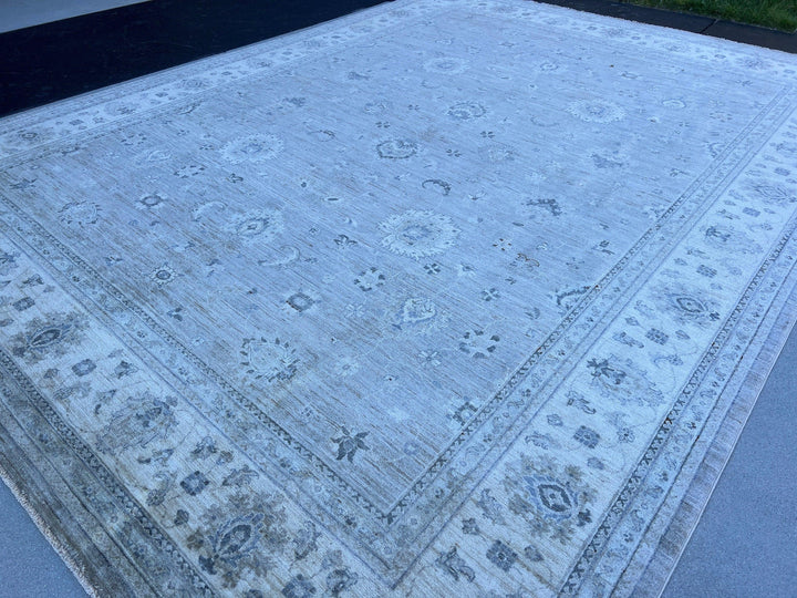 10x13 (305x400) Handmade Afghan Rug | Neutral Muted Grey Gray Cream Beige | Wool Hand Knotted Turkish Oushak Persian Floral Hand Woven