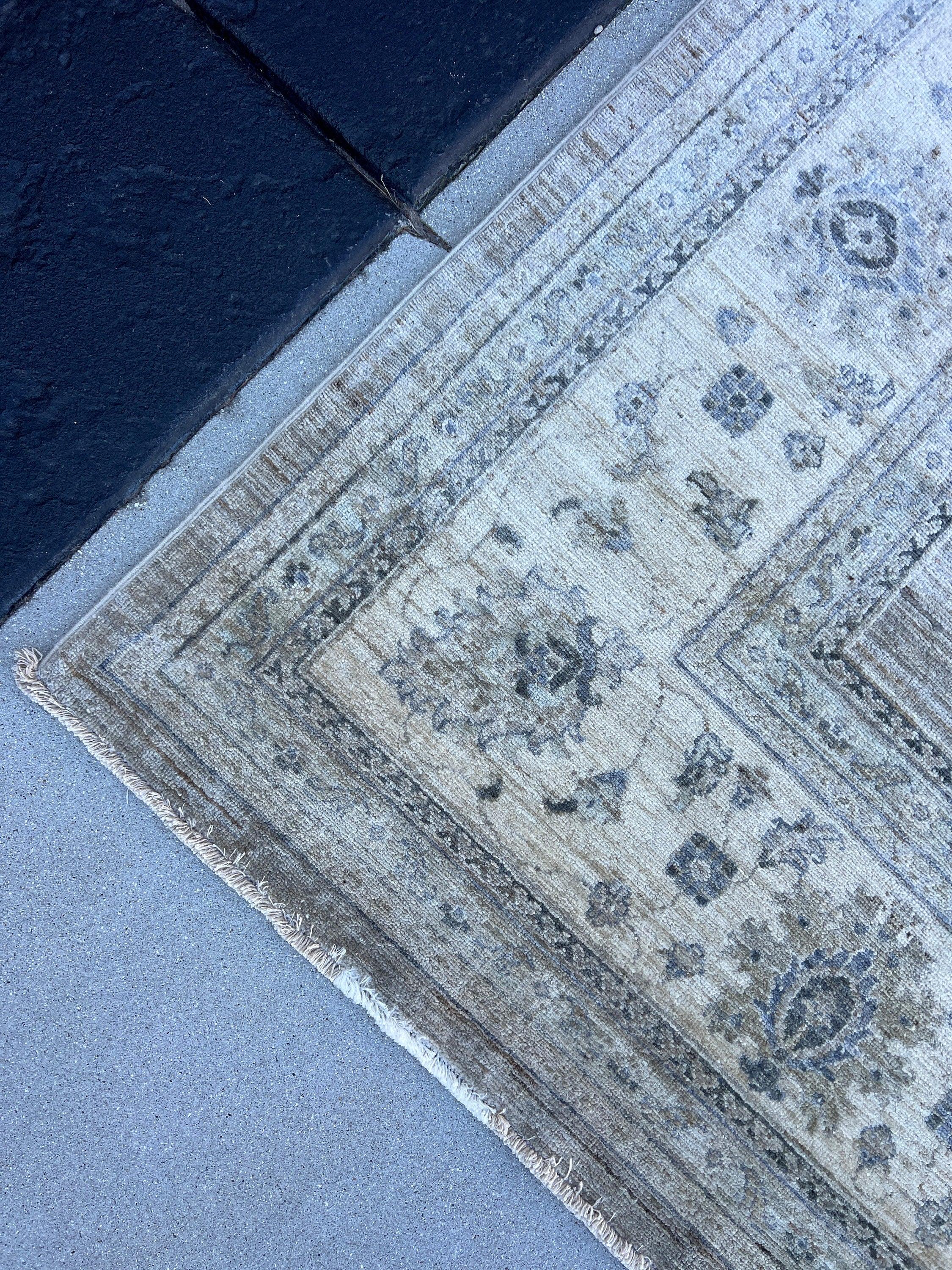 10x13 (305x400) Handmade Afghan Rug | Neutral Muted Grey Gray Cream Beige | Wool Hand Knotted Turkish Oushak Persian Floral Hand Woven