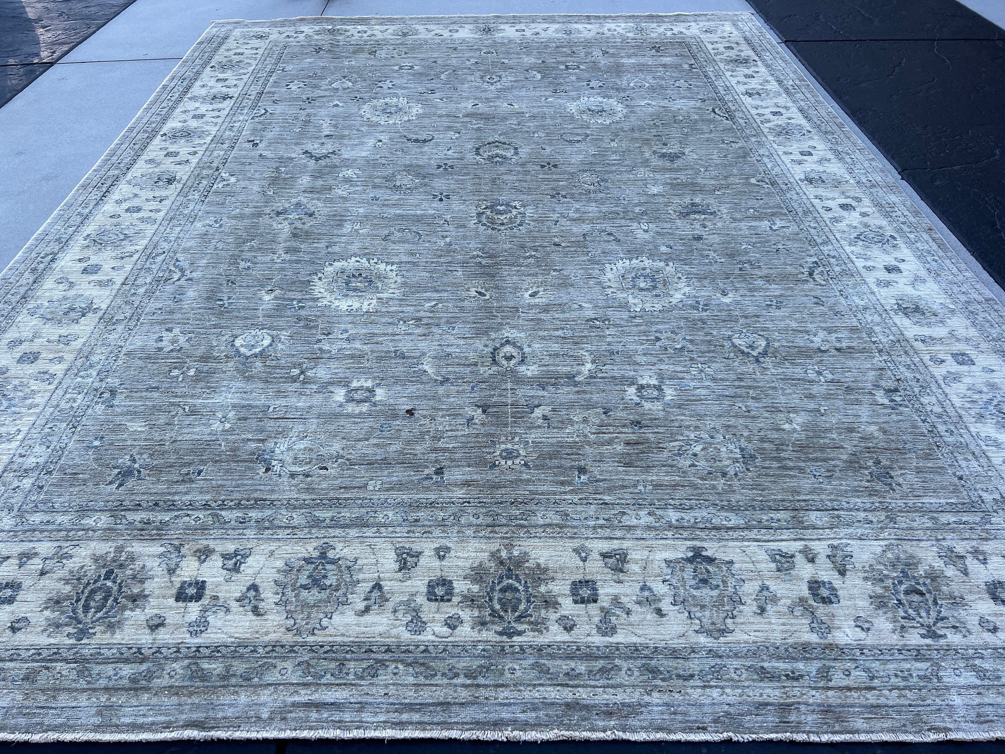 10x13 (305x400) Handmade Afghan Rug | Neutral Muted Grey Gray Cream Beige | Wool Hand Knotted Turkish Oushak Persian Floral Hand Woven