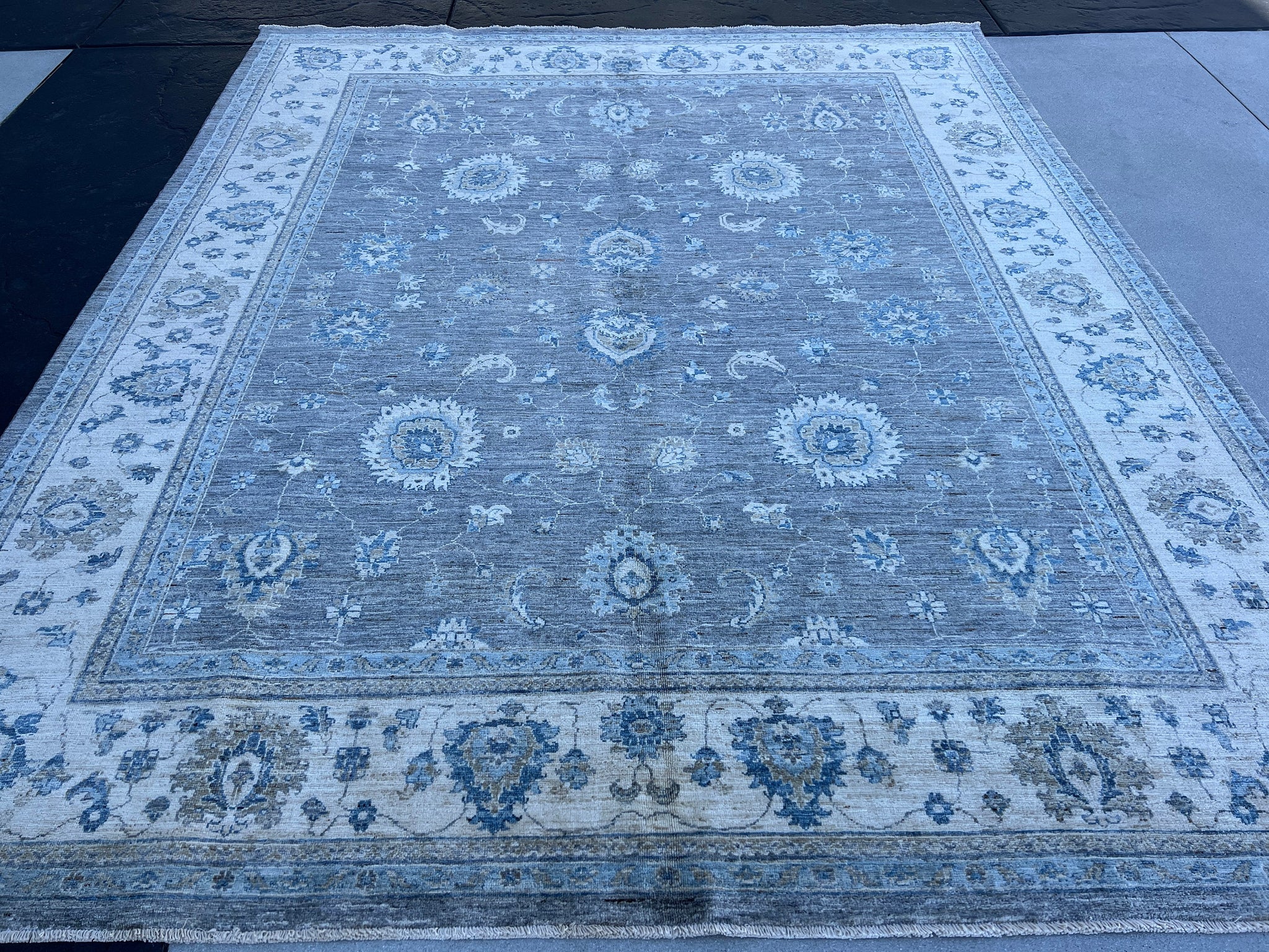 8x10 (245x305) Handmade Afghan Rug | Muted Charcoal Grey Cream Beige Teal Blue Turquoise Sage Green | Tribal Floral Wool Boho Hand Knotted