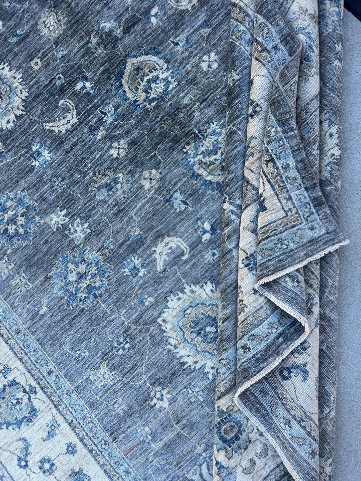 8x10 (245x305) Handmade Afghan Rug | Muted Charcoal Grey Cream Beige Teal Blue Turquoise Sage Green | Tribal Floral Wool Boho Hand Knotted