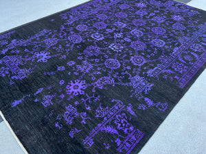 7x10 (215x305) Handmade Afghan Rug | Black Purple Muted | Wool Hand Knotted Heriz Serapi Bold Bright Bohemian Persian