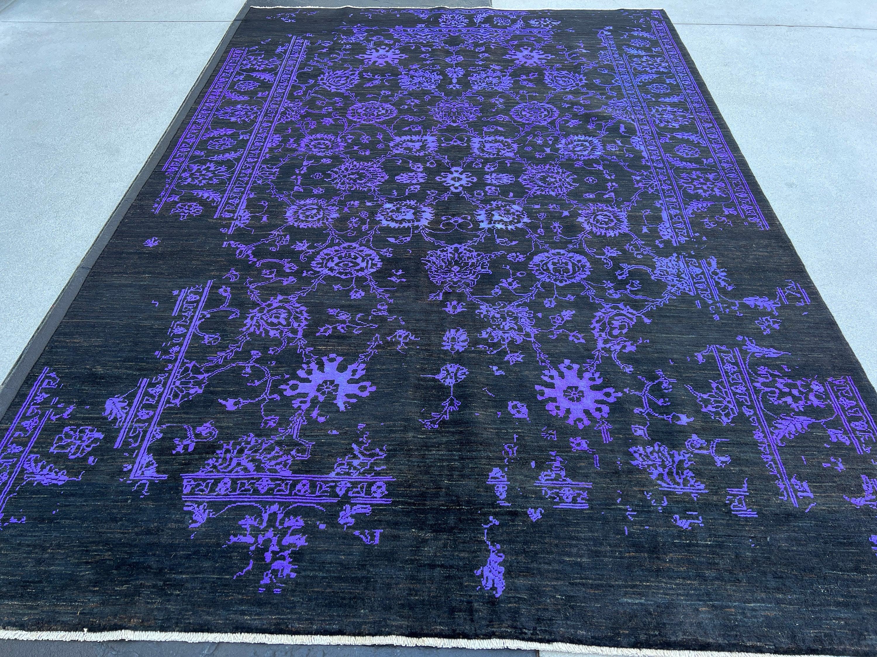 7x10 (215x305) Handmade Afghan Rug | Black Purple Muted | Wool Hand Knotted Heriz Serapi Bold Bright Bohemian Persian