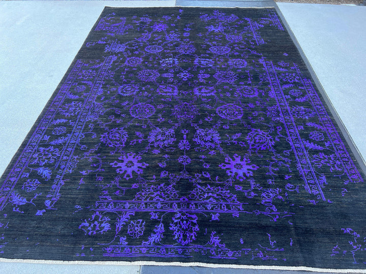 7x10 (215x305) Handmade Afghan Rug | Black Purple Muted | Wool Hand Knotted Heriz Serapi Bold Bright Bohemian Persian