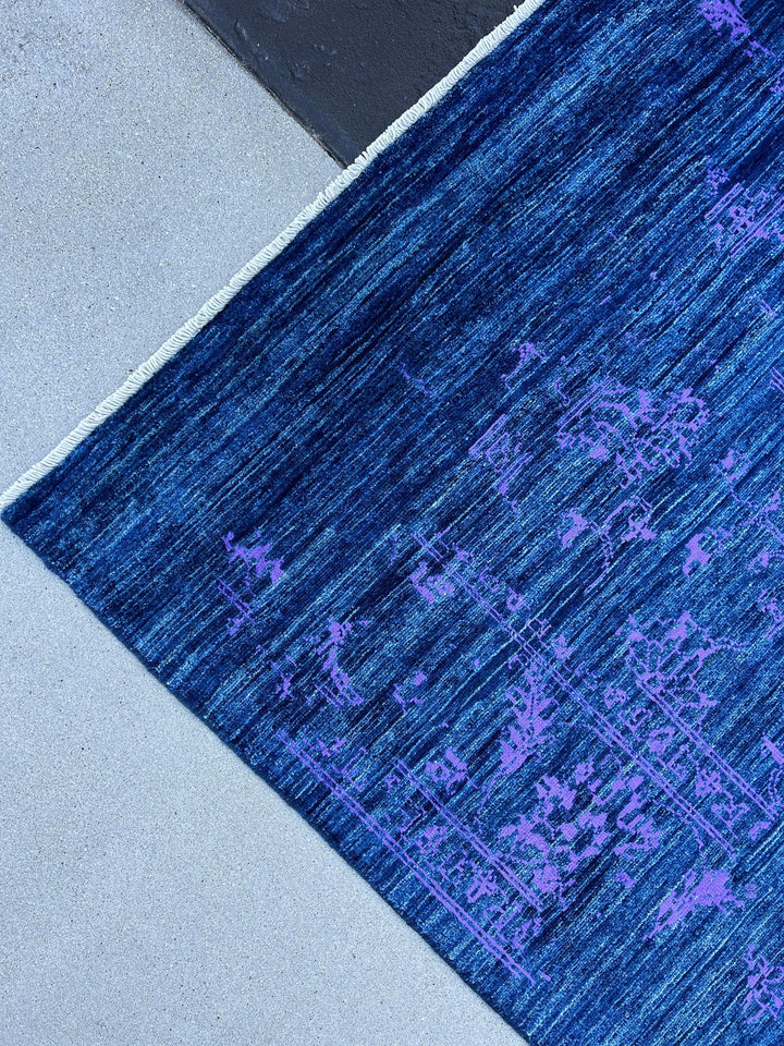 7x10 (215x305) Handmade Afghan Rug | Royal Blue Black Purple Muted | Wool Hand Knotted Heriz Serapi Bold Bright Bohemian Persian