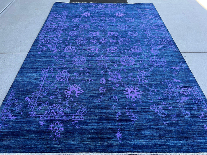 7x10 (215x305) Handmade Afghan Rug | Royal Blue Black Purple Muted | Wool Hand Knotted Heriz Serapi Bold Bright Bohemian Persian