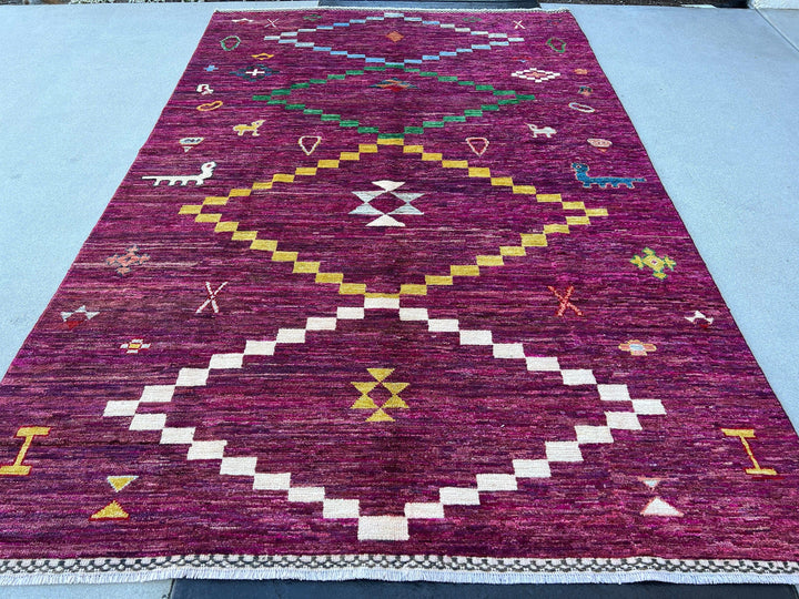 6x9 (150x245) Handmade Afghan Moroccan Rug | Plum Brick Red Fuchsia Pink Olive Ivory Blue Green Mustard Yellow | Tribal Nomadic Kilim Wool