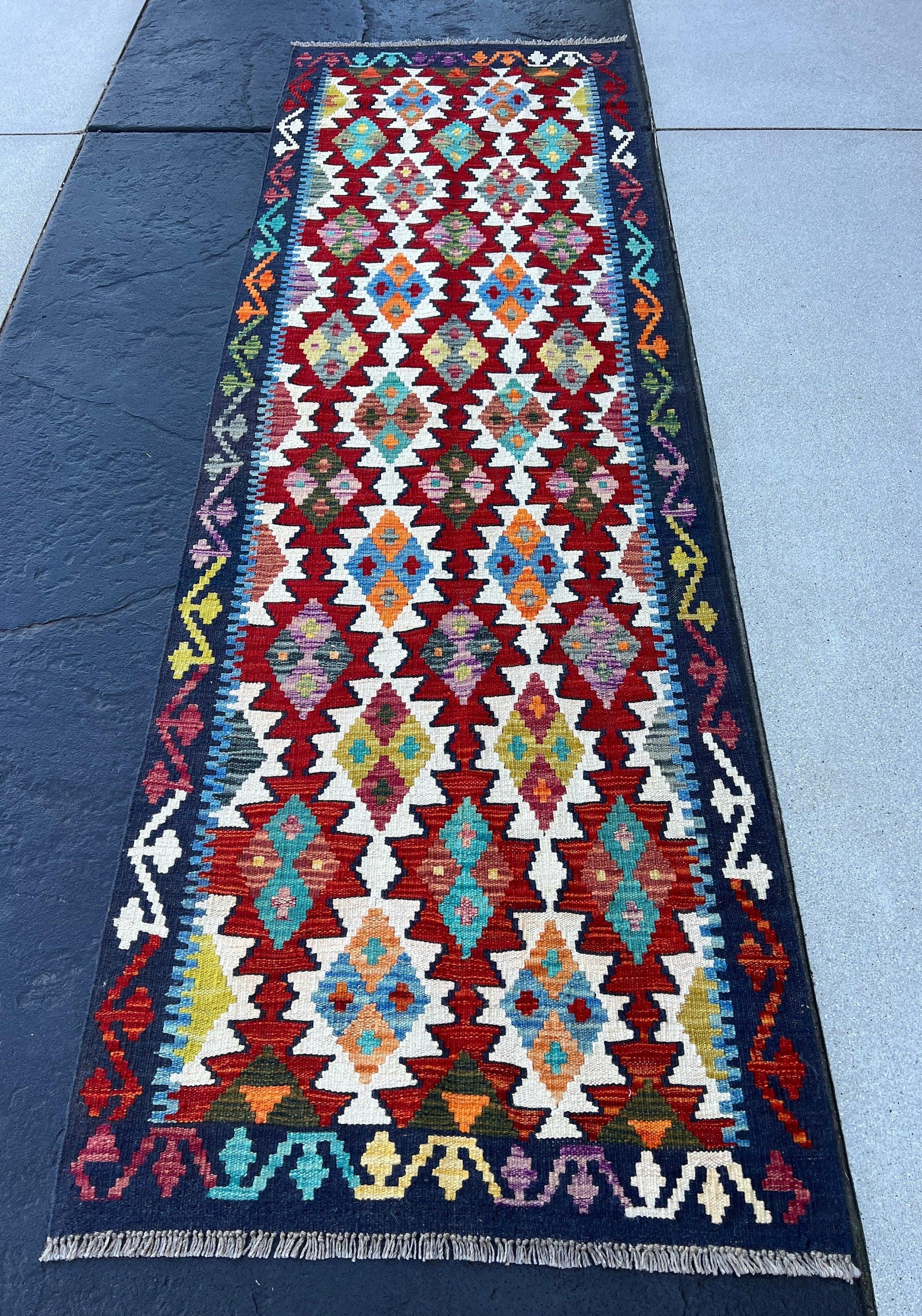 3x8 - 3x9 Handmade Afghan Kilim Runner Rug | Navy Midnight Blue Purple Olive Taupe Turquoise Burnt Orange Ivory Blood Red | Geometric Wool