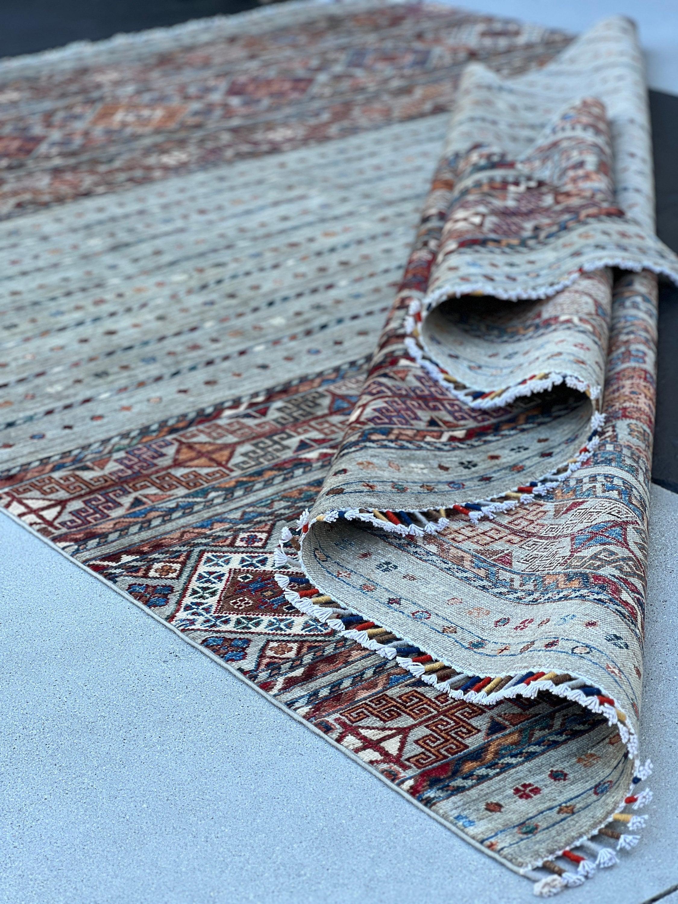 7x10 (213x305) Handmade Afghan Rug | Grey Denim Blue Brick Red Ivory White Orange Chocolate Brown Peach Teal | Wool Hand Knotted