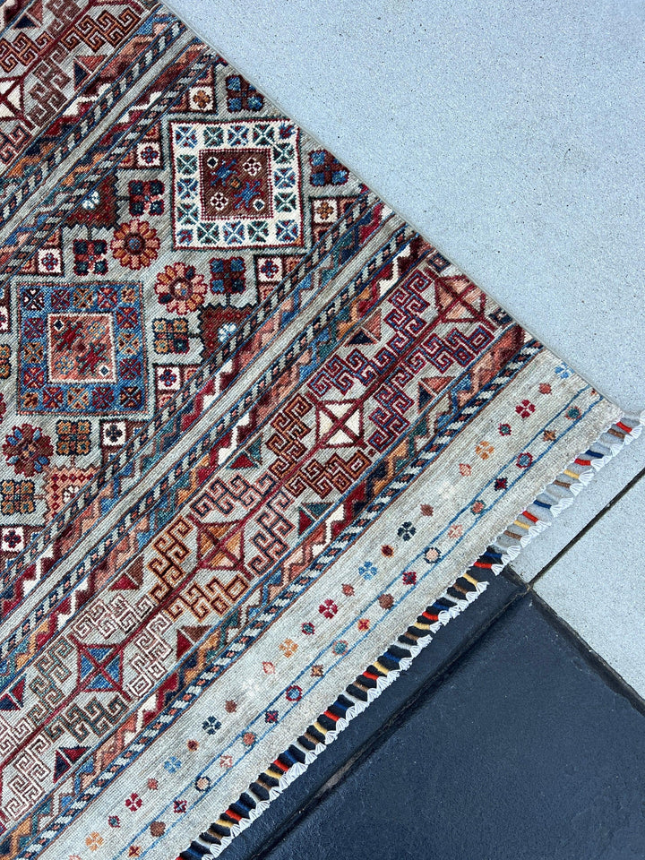 7x10 (213x305) Handmade Afghan Rug | Grey Denim Blue Brick Red Ivory White Orange Chocolate Brown Peach Teal | Wool Hand Knotted