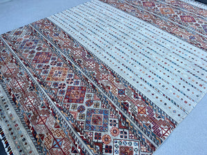 7x10 (213x305) Handmade Afghan Rug | Grey Denim Blue Brick Red Ivory White Orange Chocolate Brown Peach Teal | Wool Hand Knotted