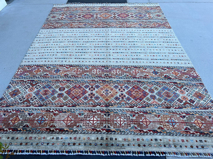 7x10 (213x305) Handmade Afghan Rug | Grey Denim Blue Brick Red Ivory White Orange Chocolate Brown Peach Teal | Wool Hand Knotted